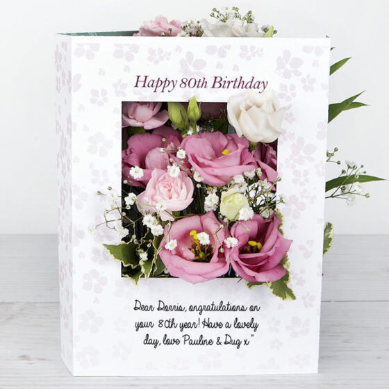 80th Birthday Flowercard with Spray Carnations, Pink Lisianthus, White Gypsophila and Pittosporum