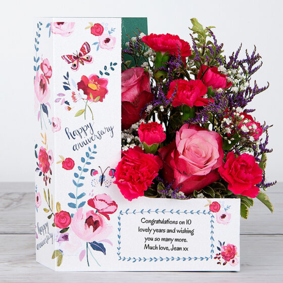 Dutch Roses, Bi-purple Spray Carnations with Lilac Limonium and Gypsophila Anniversary Flowers