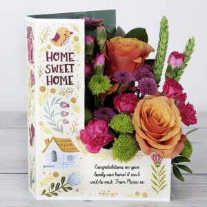 Home Sweet Home’ Congratulation Flowercard with Orange Roses, Lime Santini, Chrysanthemums, Spray Carnations, Lime Wheat and Ruscus
