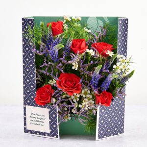 King Charles’ Coronation Celebration Flowercard with Red Roses, Veronica Spears, Limonium Feathers, Waxflower and Tree Fern