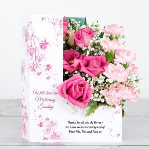 Pink Lisianthus and Spray Carnations with Gypsophila and Pittosporum Mother’s Day Flowercard