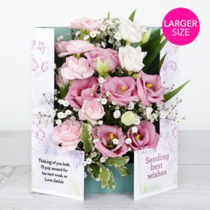 Sending Best Wishes’ Flowercard with Pink Carnations, Lisianthus, Gypsophila, Pittosporum and Chico Leaf