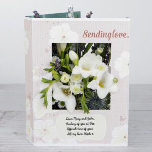 Sending Love’ Flowercard with White Freesias, Spray Chrysanthemum, Santini, Ornithogalum, Lavender Sprigs and Silver Wheat